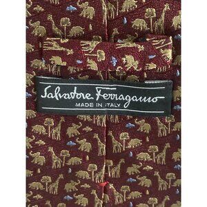 Salvadore Ferragamo Necktie Animal Safari Zoo Elephant Giraffe Rhino Bird Italy